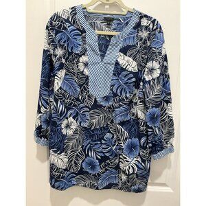 Talbots Hibiscus Palms Tunic XL Blue White VNeck 3/4 Sleeve
